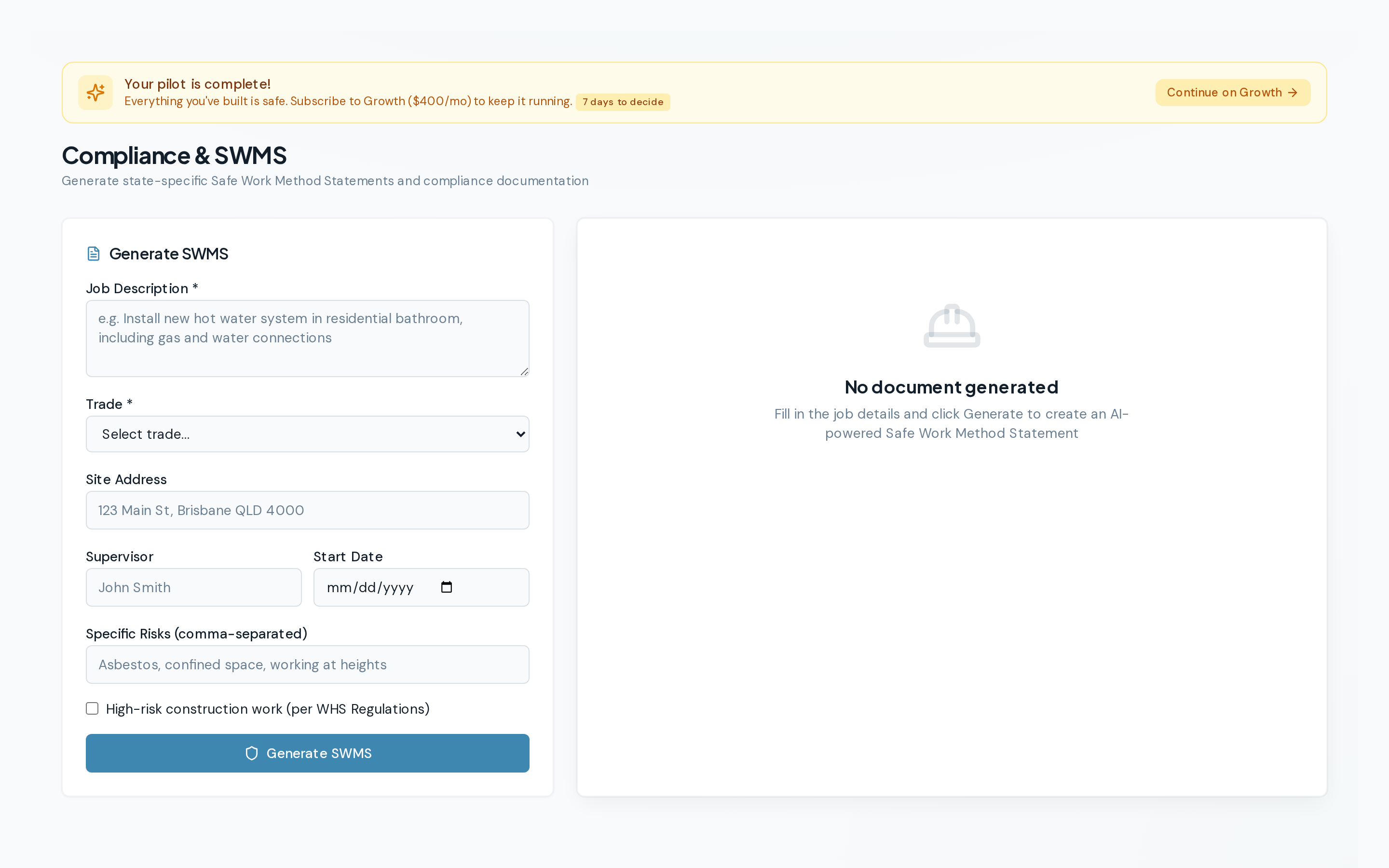 Compliance management showing SWMS documents, safety checklists, and trade licence tracking