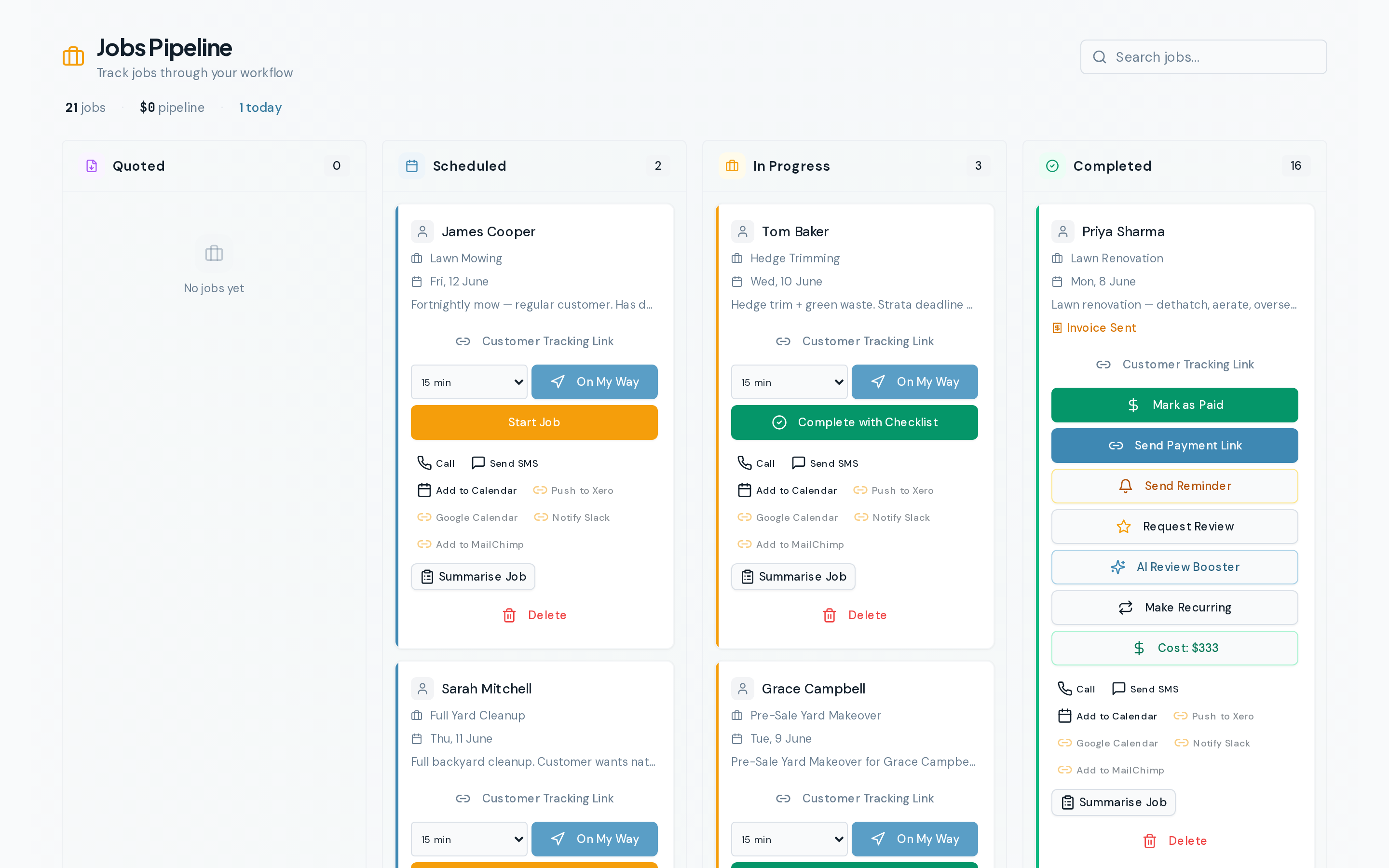 Jobs pipeline kanban board with Scheduled, In Progress, and Completed columns