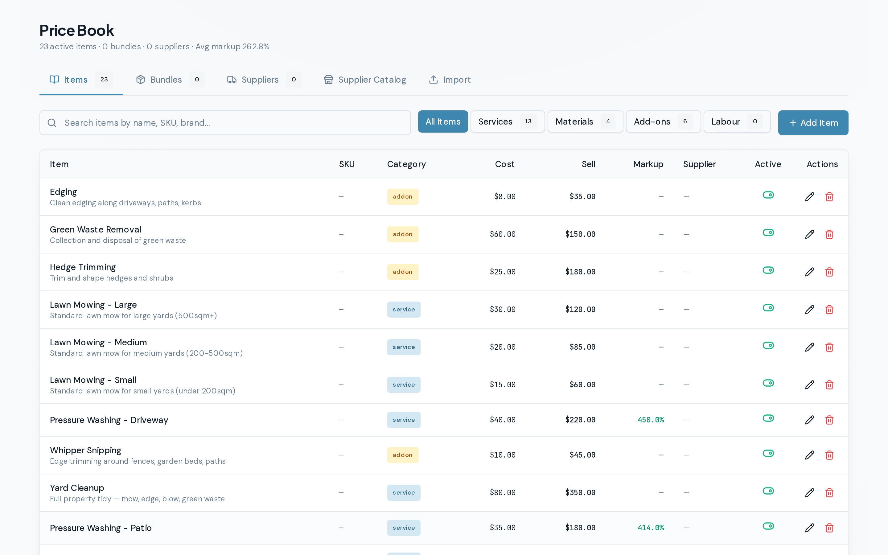 Price book with 23 service items, cost tracking, and markup calculations