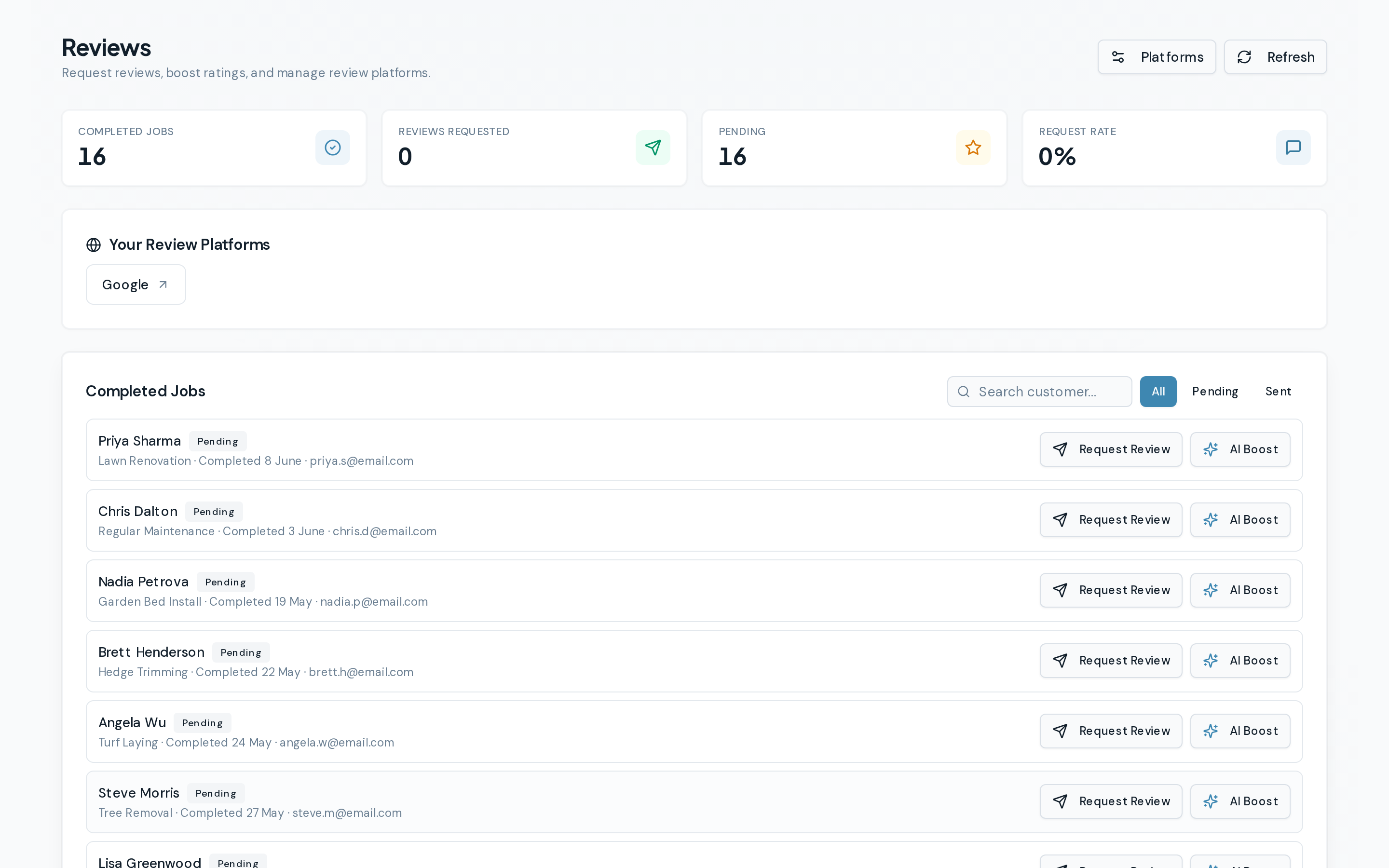 Review management showing 16 completed jobs with Request Review and AI Boost actions